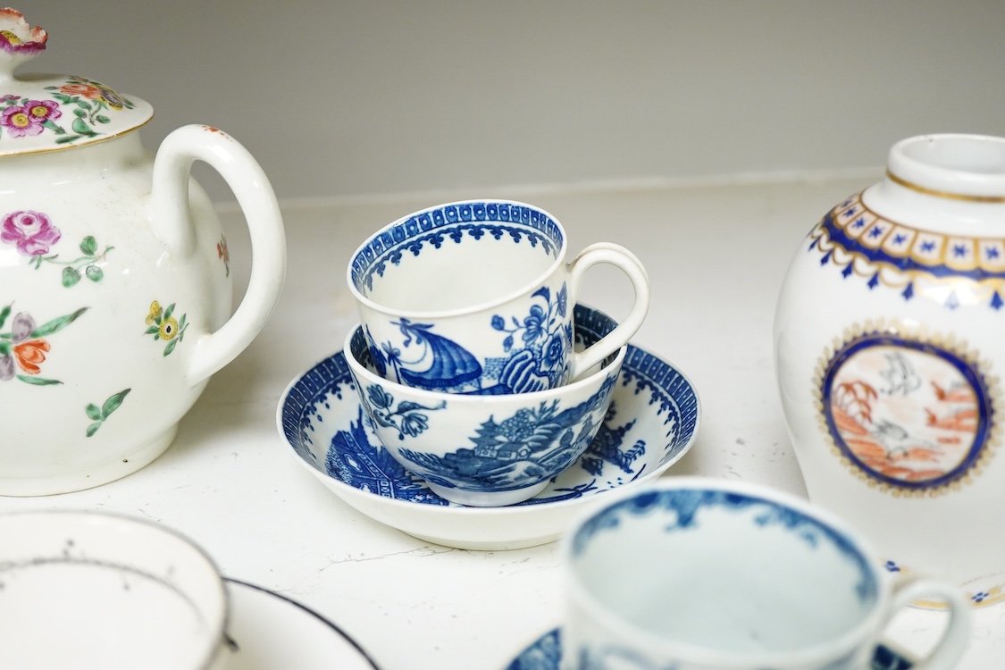 18th century tableware to include Chamberlains Worcester dish and blue and white Worcester teacups, largest 14cm high